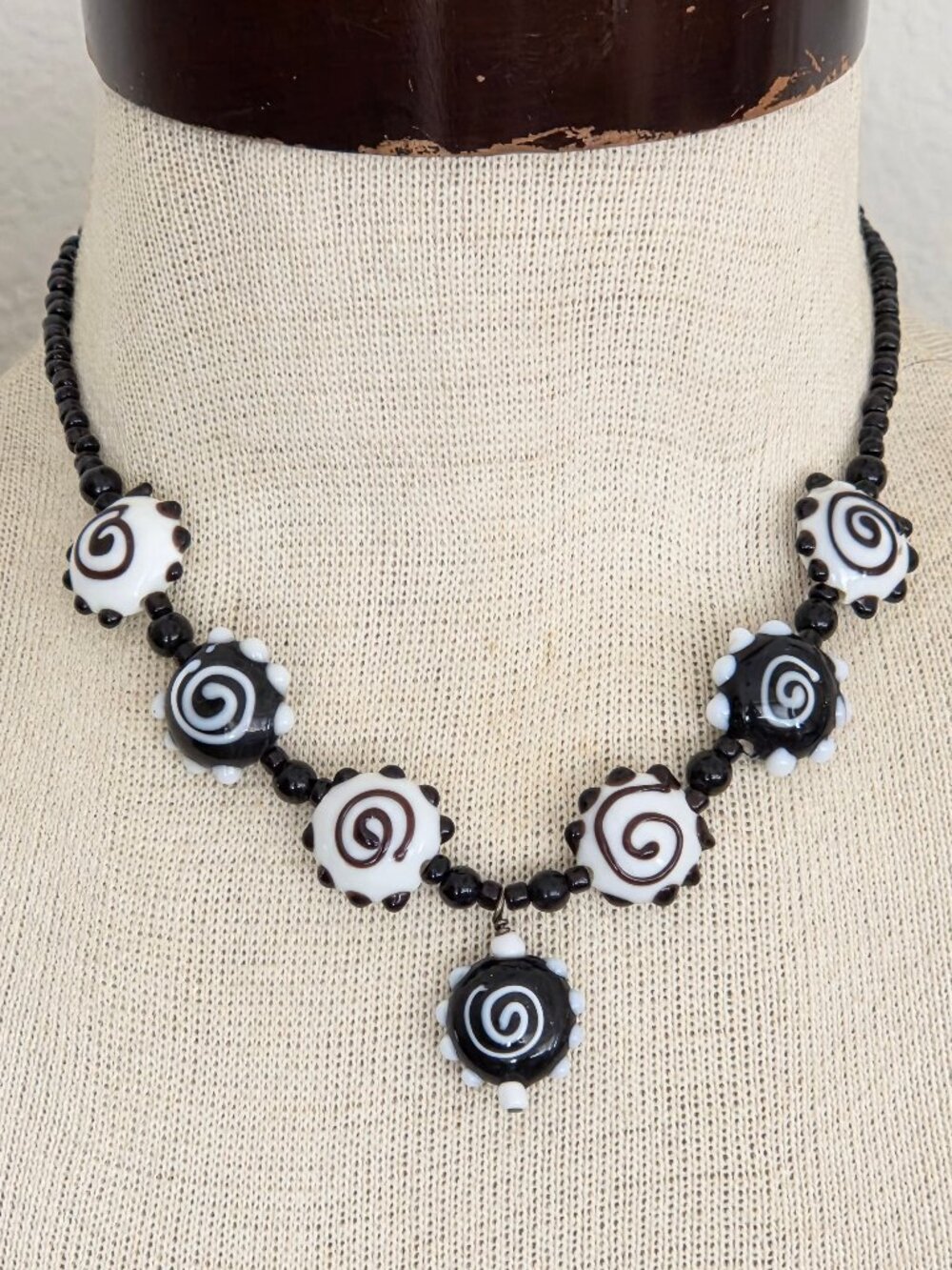 Handmade Lampwork Black & White Swirl Bead Necklace